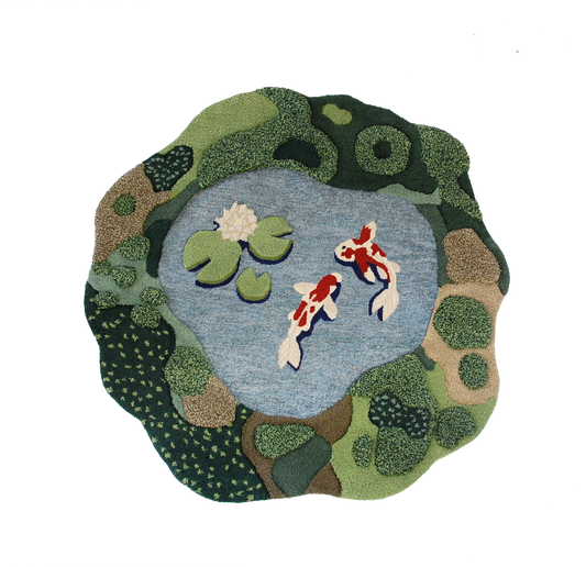 interior decoration Landscape Koi Pond Area Rug with Red and White Koi fish, Lily pads, and a water lily. Shipped from Canada