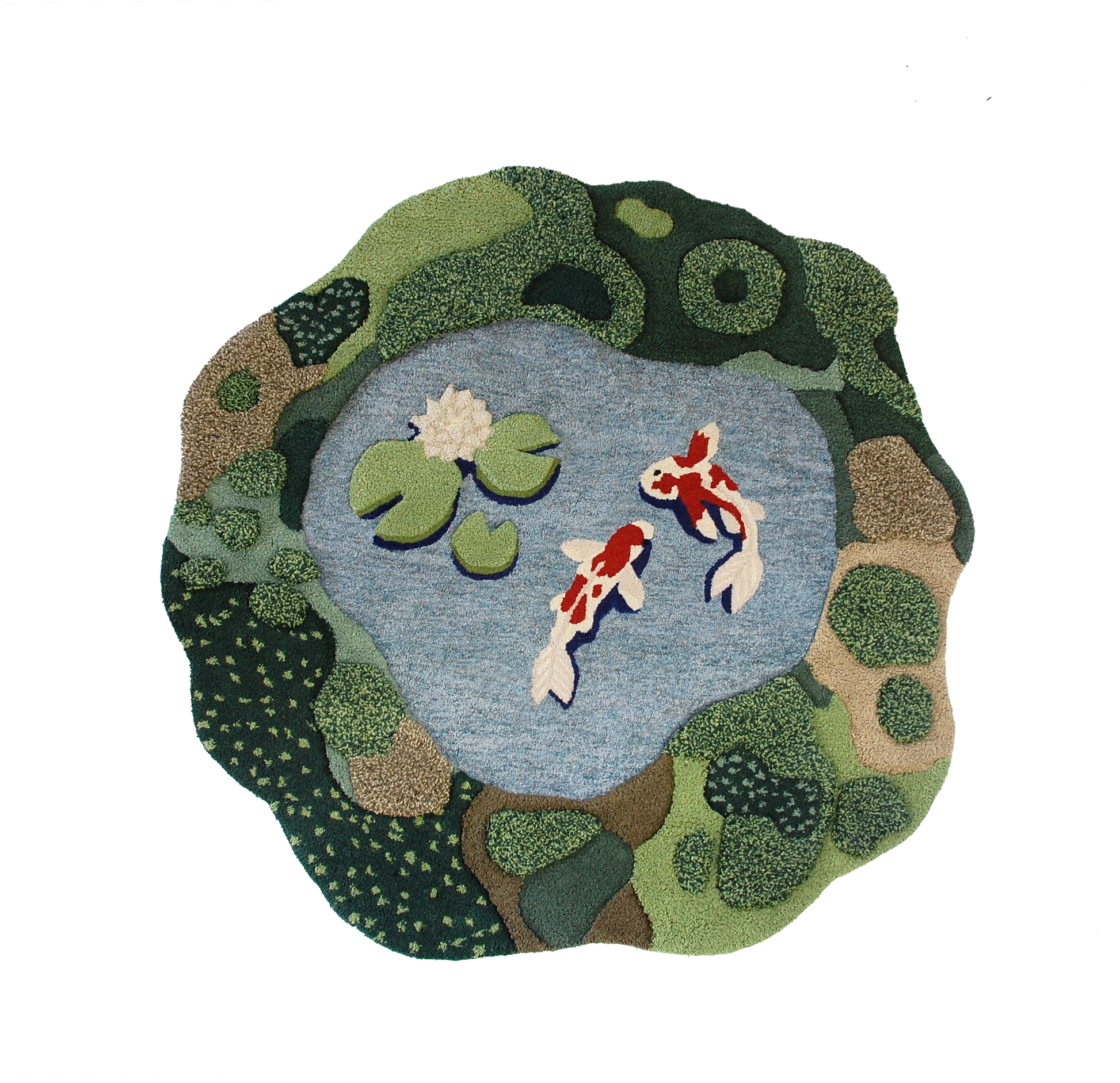 interior decoration Landscape Koi Pond Area Rug with Red and White Koi fish, Lily pads, and a water lily. Shipped from Canada