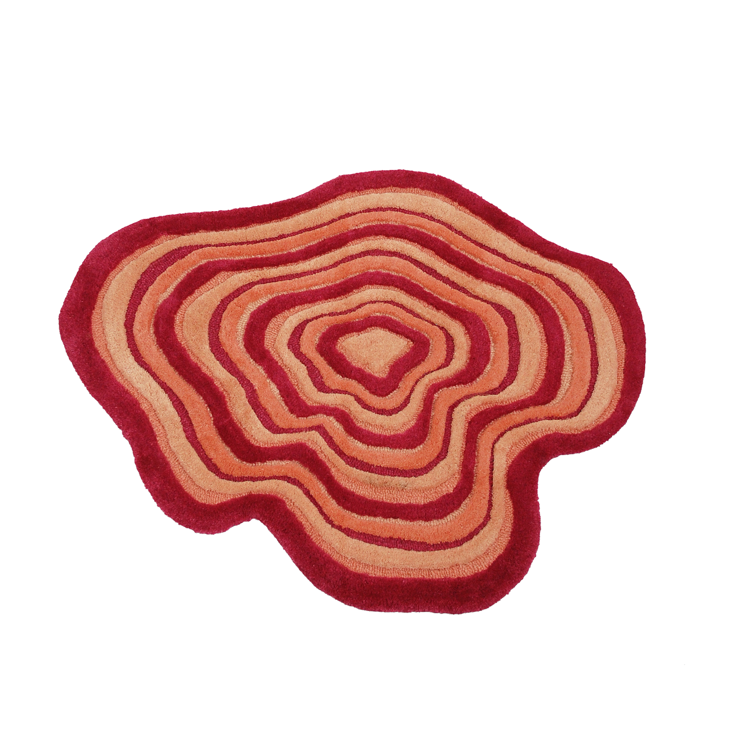 Our portal rug is an abstract blob shape featuring 3 colours (red, light peach, and orange). This rug is unique with 2 different textures included.